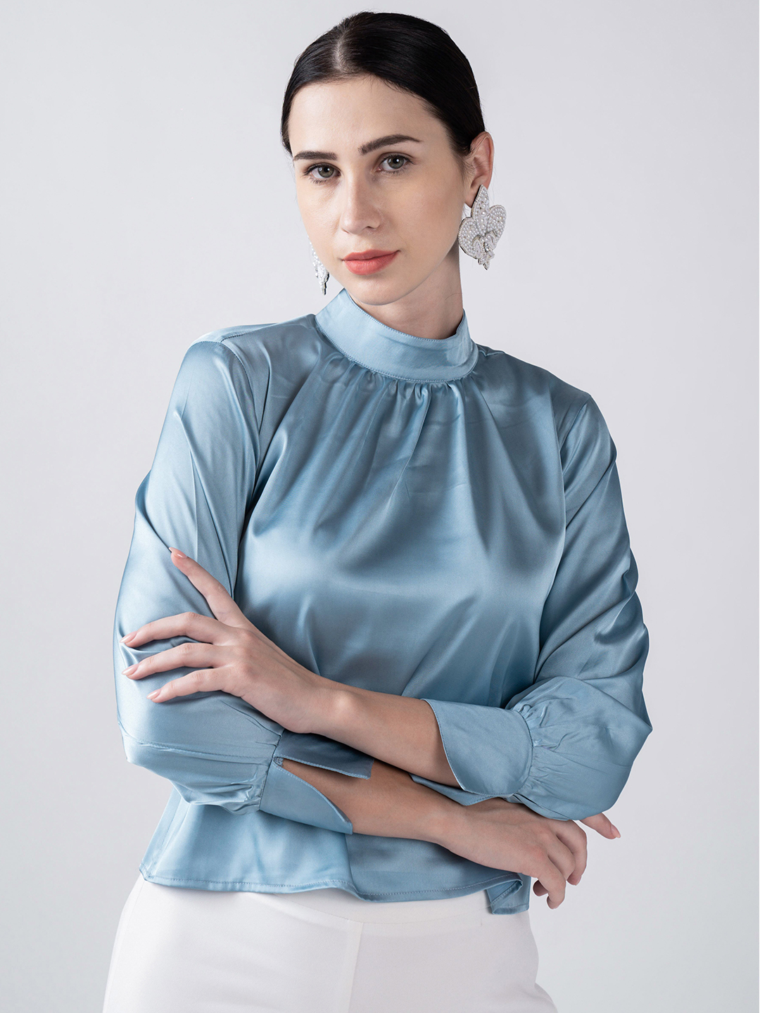 Gathered Collared Top Mint Blue -1